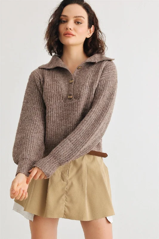 Brown Wool Knit Button-Up Neck Crop Sweater Pullover /2-2-1