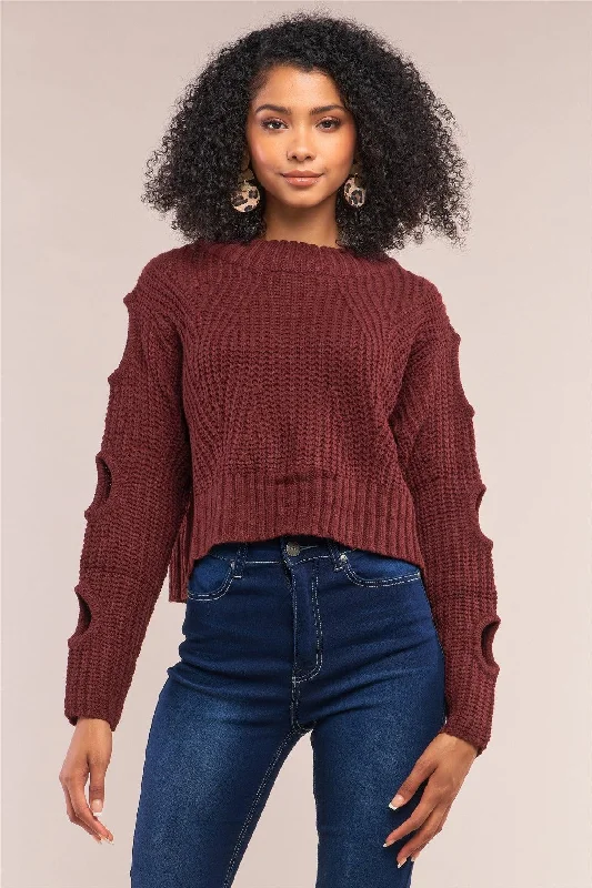 Wine Round Neck Long Cut-Out Detail Sleeve Cable Knit Cropped Sweater /4-2