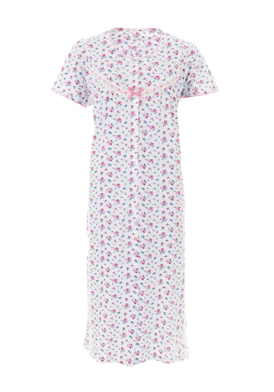 Marlon Floral Button Front Jersey Nightdress, White & Pink